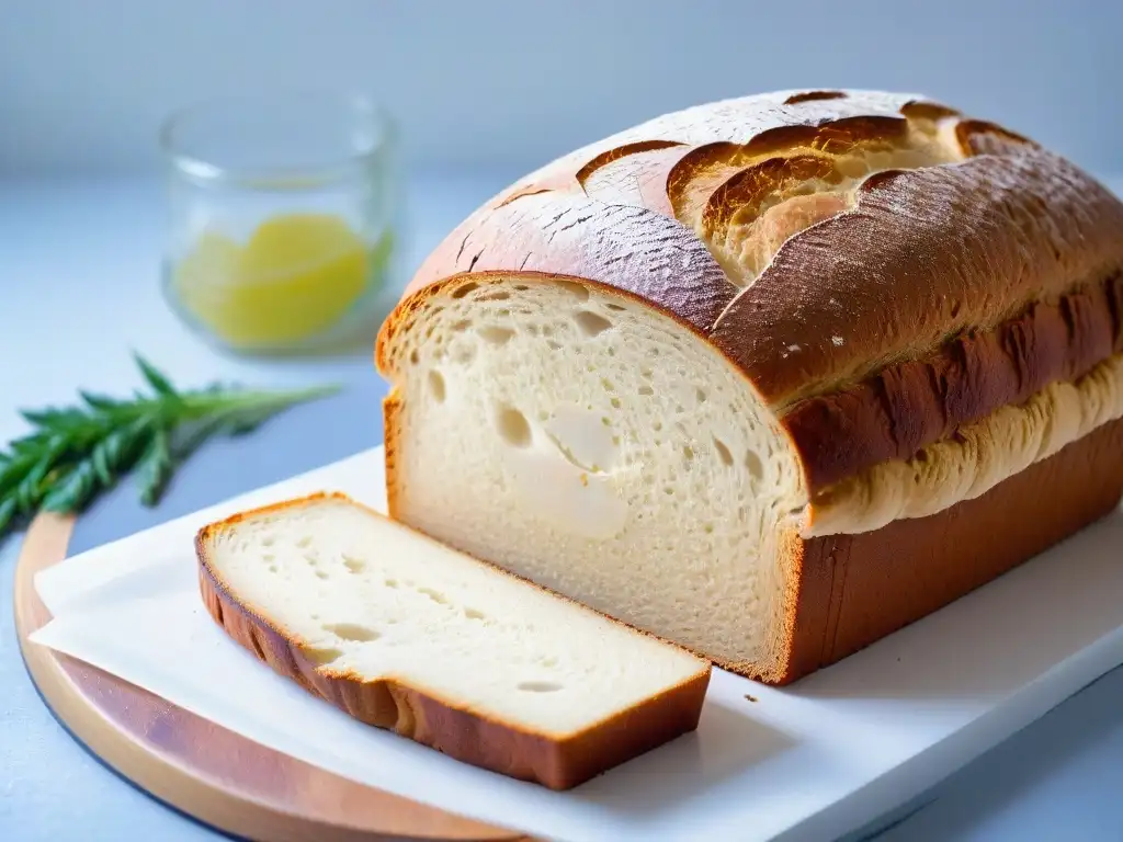 El pan de masa madre vegano perfectamente fermentado, con una corteza detalladamente decorada, destacando la fermentación en repostería vegana