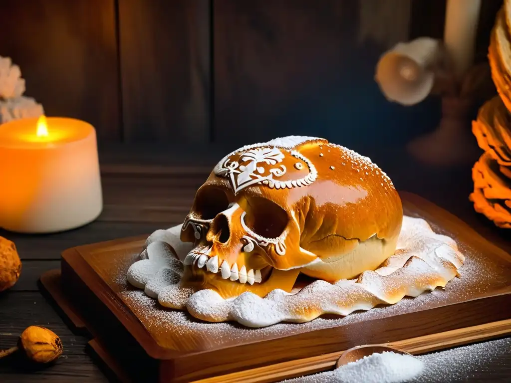 Pan de Muerto decorado con calaveritas de azúcar, sobre mesa rústica iluminada, significado del pan de muerto