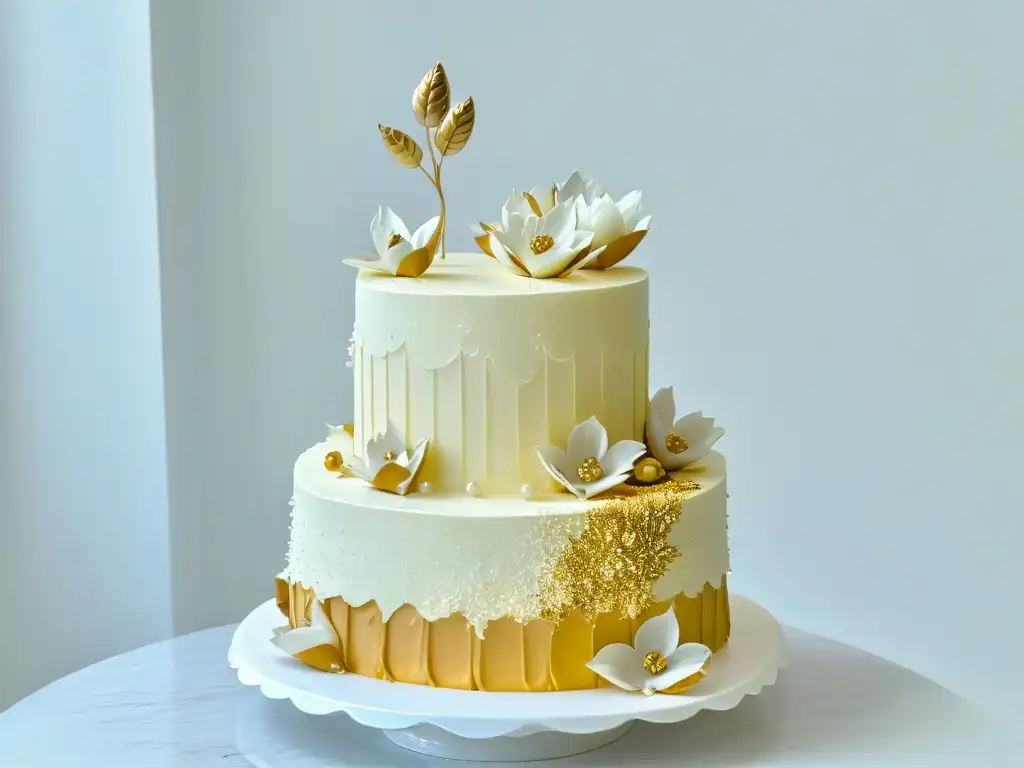 Aplicación pan de oro pastelería: Exquisita torta de tres pisos con flores de azúcar y perlas brillantes, sobre plato de mármol