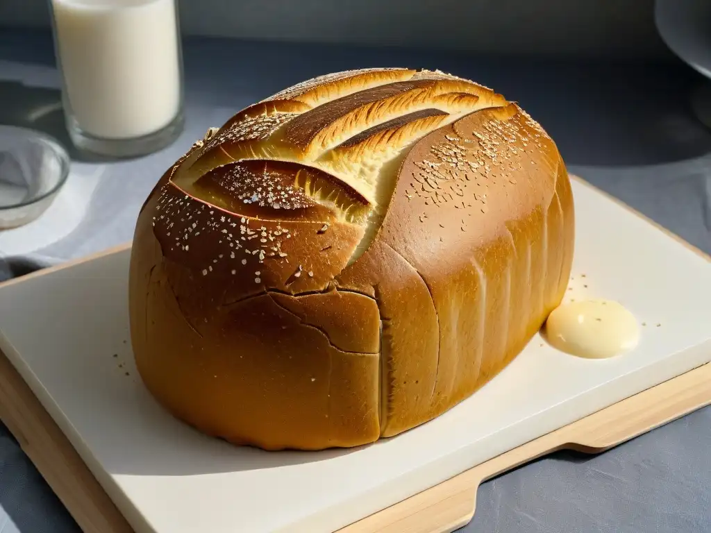 Un pan vegano de levadura perfectamente horneado, con grietas simétricas en la corteza dorada, aireados y con un toque de harina