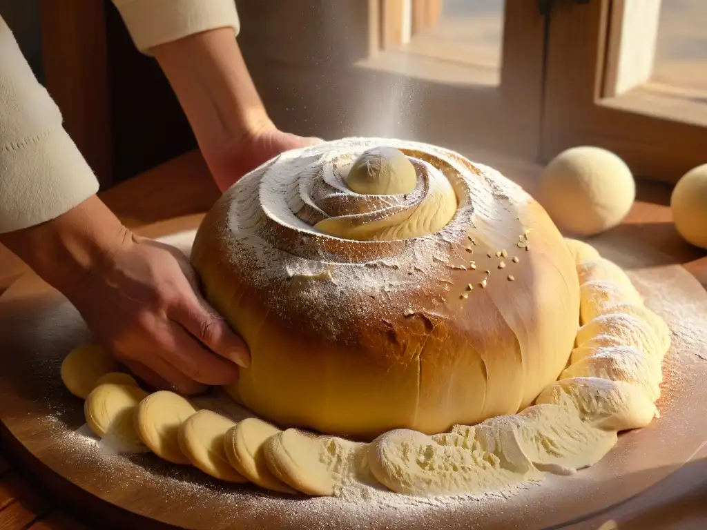 Panadería artesanal con masa madre: manos expertas amasan masa en mesa de madera con harina, luz tenue y sombras suaves