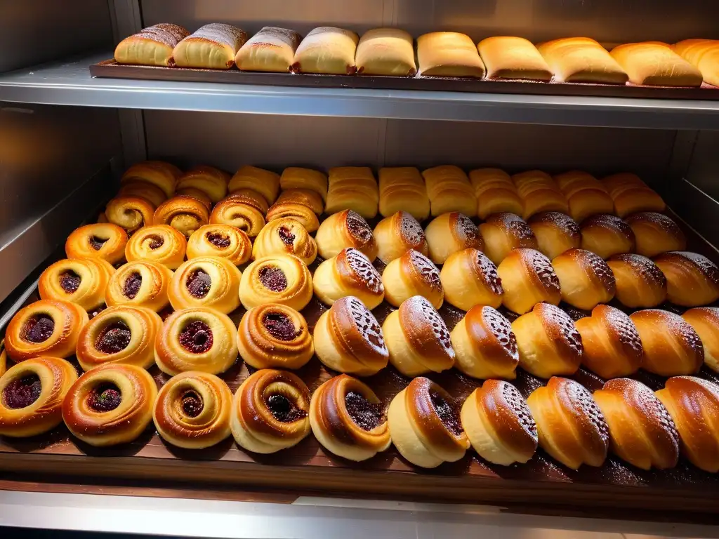 Una panadería judía en Europa del Este muestra una variedad de Rugelach recién horneados en bandejas de madera