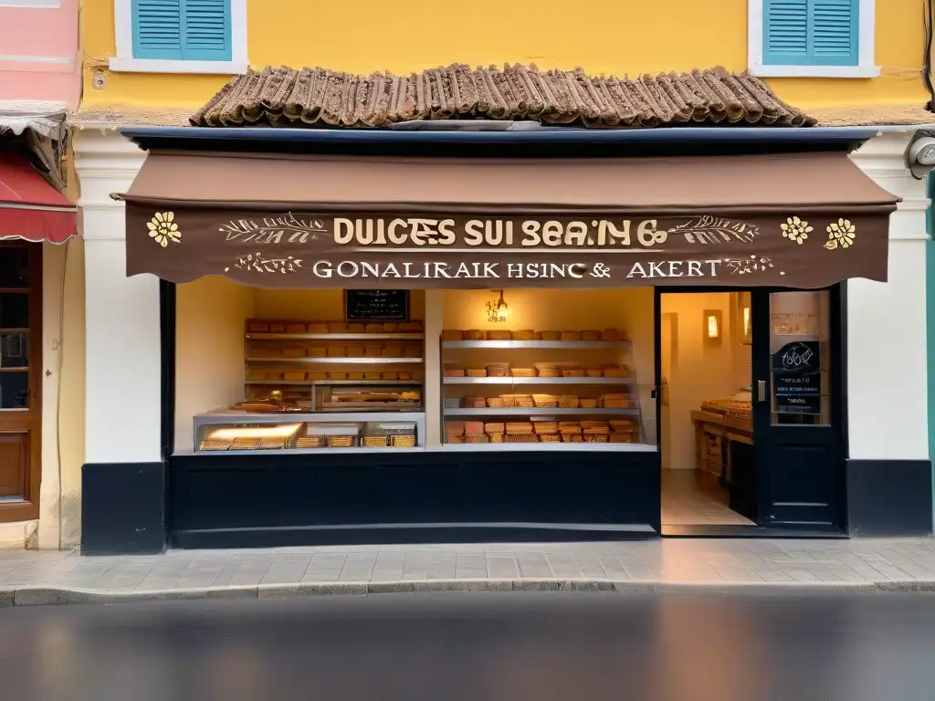 Una panadería serena en un entorno campestre, con detalles elegantes y un letrero 'Dulces Sueños Bakery'