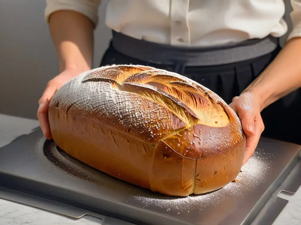 Artesanía vegana: moldeando un pan de masa madre con detalle Un panadero moldea con delicadeza un pan de masa madre vegano, resaltando las texturas y detalles, en una cocina minimalista