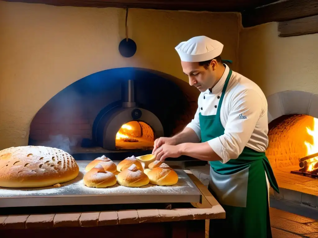 Un panadero moldea con destreza la masa de Stollen en una panadería alemana histórica con horno de leña