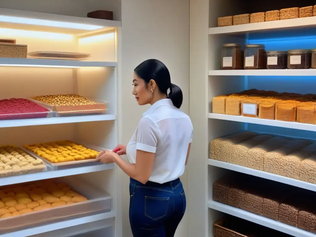 Un panadero seleccionando ingredientes orgánicos en una despensa, reflejando Tendencias emergentes repostería ética