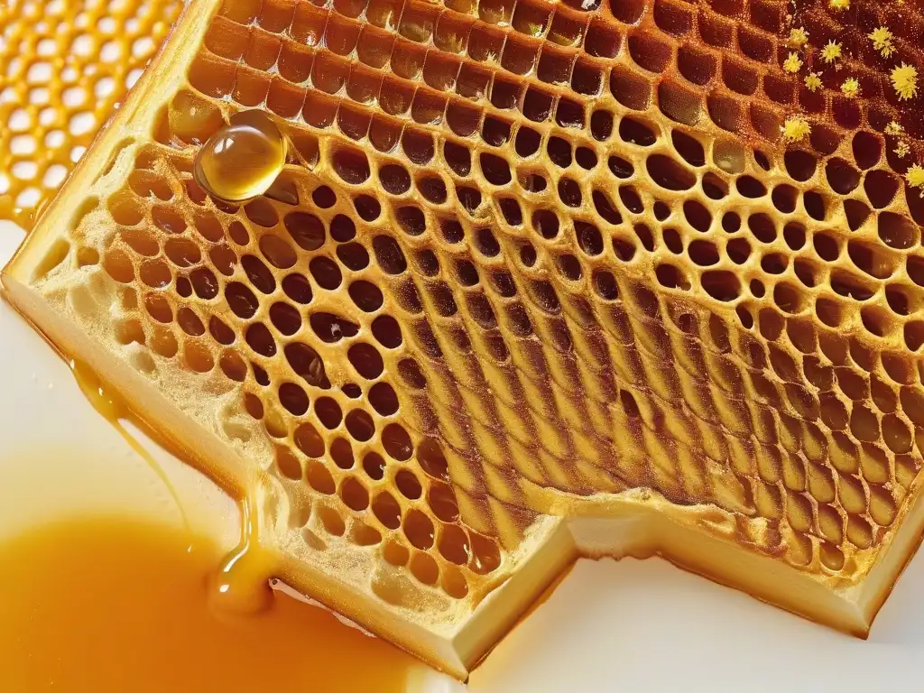 Un panal de miel de abeja melipona dorado y brillante con miel ámbar, perfectamente simétrico, sobre fondo blanco