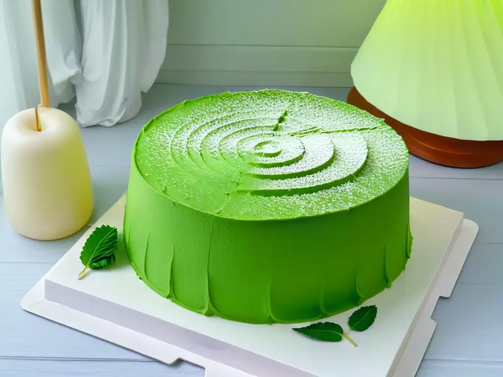 Pandan Chiffon Cake esponjoso recién horneado con crujiente dorado y espolvoreado de azúcar glass, decorado con hojas de pandan