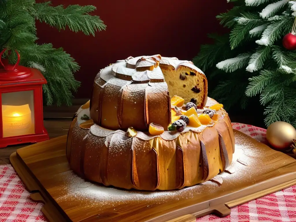 Delicioso Panettone artesanal: 8k calidad dorada y aromática Un Panettone casero Navidad de oro recién horneado sobre mesa rústica con azúcar glas