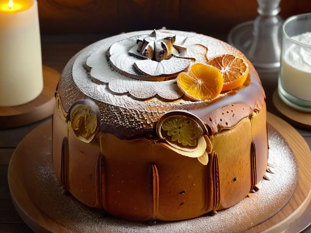 Un panettone dorado con detalle, sobre mesa rústica con frutas cristalizadas, azúcar glas y vainilla