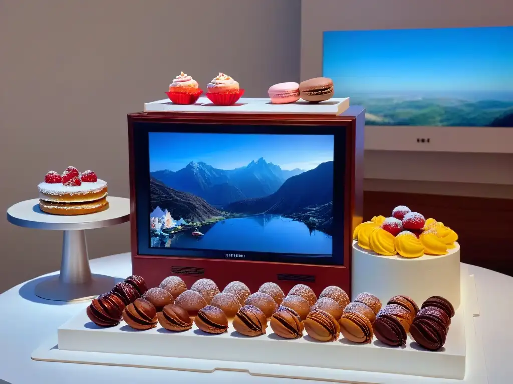 Una pantalla de televisión con postres exquisitos en una composición elegante y creativa