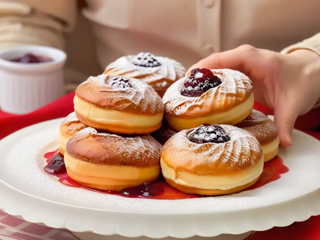 Un par de manos meticulosamente rellenan un Pączki polaco con dulce mermelada, destacando el contraste de colores