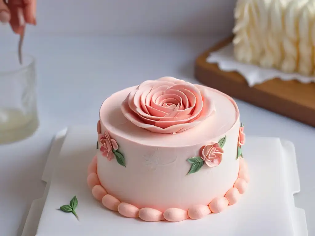 Un par de manos moldean con precisión una rosa de fondant rosa pastel, una guía inspiradora para principiantes en decoración de pasteles