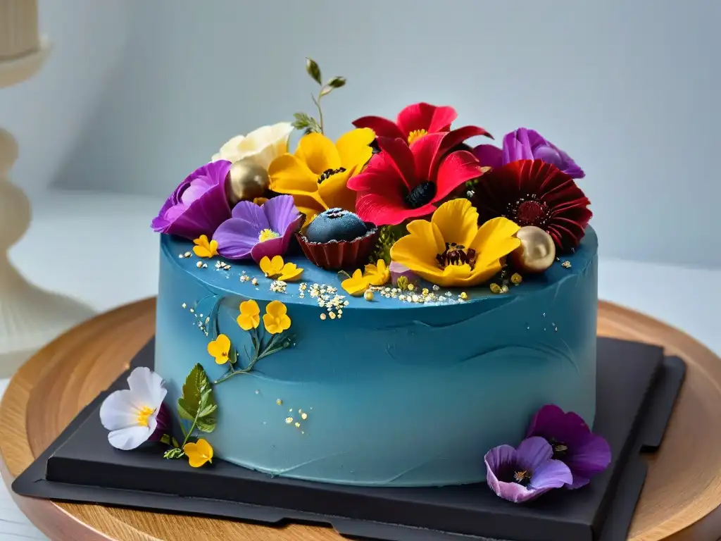 Un pastel arcoíris de repostería moderna con colores vibrantes, flores comestibles y detalles en oro
