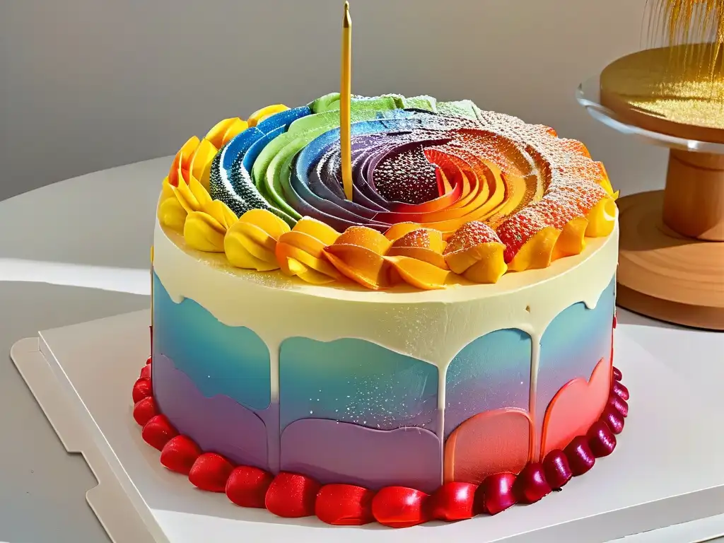 Un pastel arcoíris vibrante y detallado con impacto de colores, ideal para una experiencia comer postres