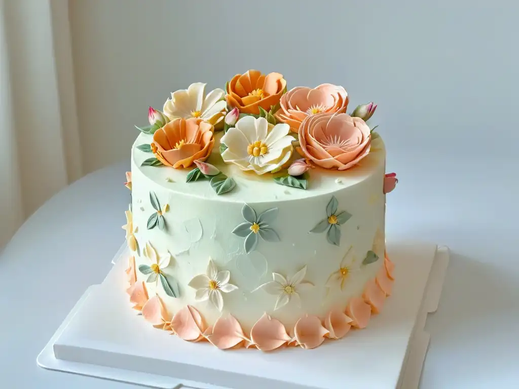 Un pastel blanco decorado con detalles florales en tonos pastel, muestra técnicas de piping con manga en un diseño preciso y artístico