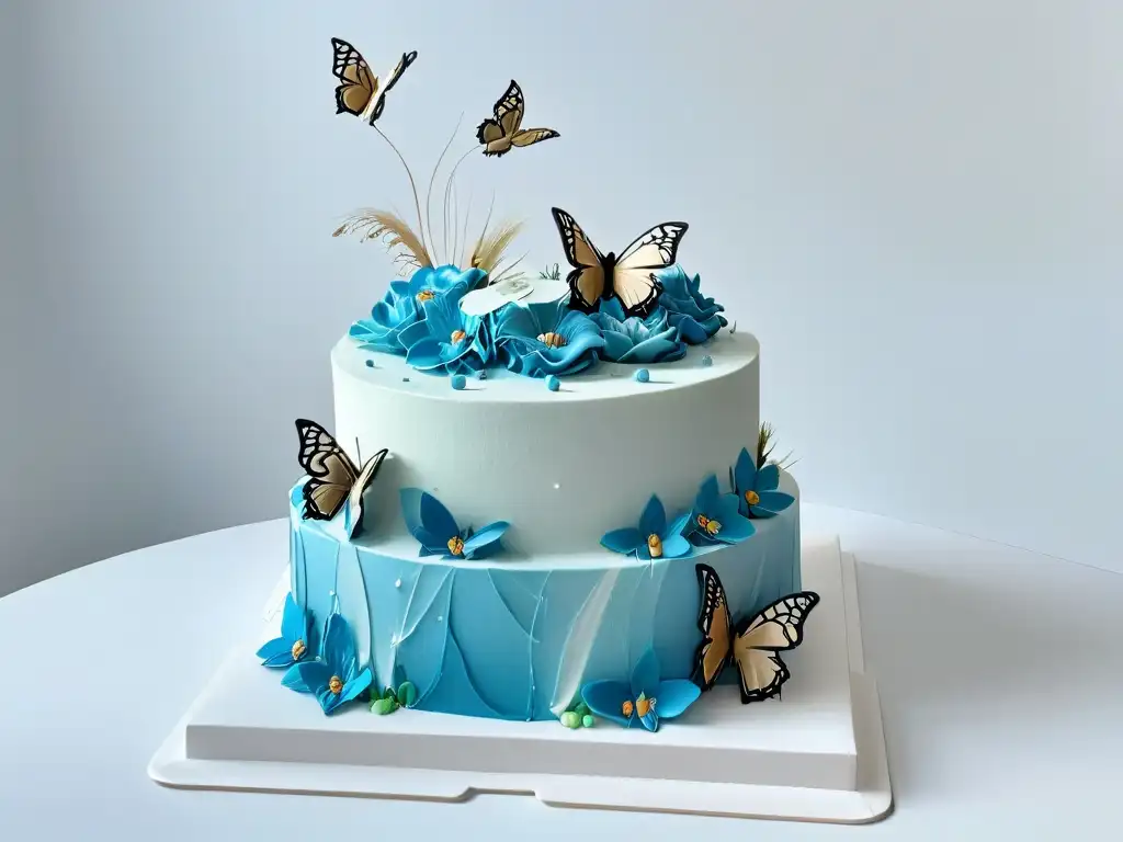 Un pastel blanco impecable con decoraciones de realidad aumentada como mariposas 3D y flores digitales, fusionando tecnología y repostería