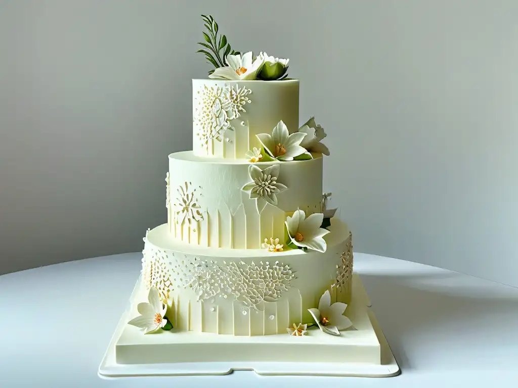 Un pastel de boda 3D deslumbrante con detalles geométricos y florales en tonos pastel, elegante y sofisticado en un soporte moderno