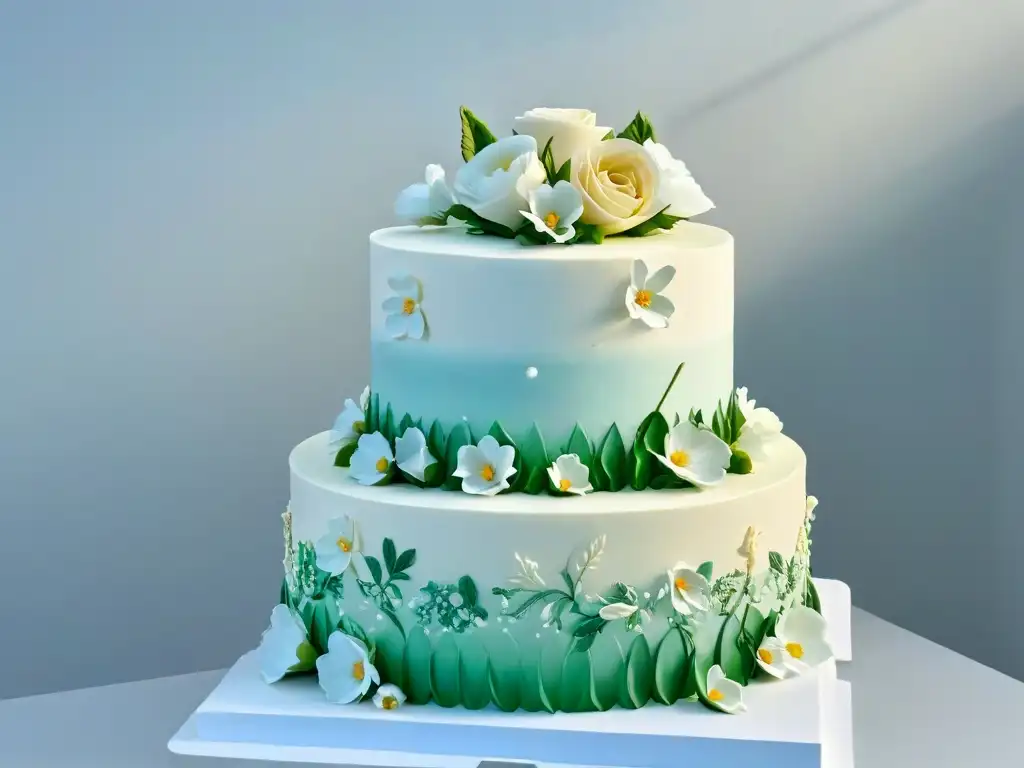 Un pastel de boda 3D detallado y delicado, con encaje comestible y flores ornamentadas, en un escenario moderno