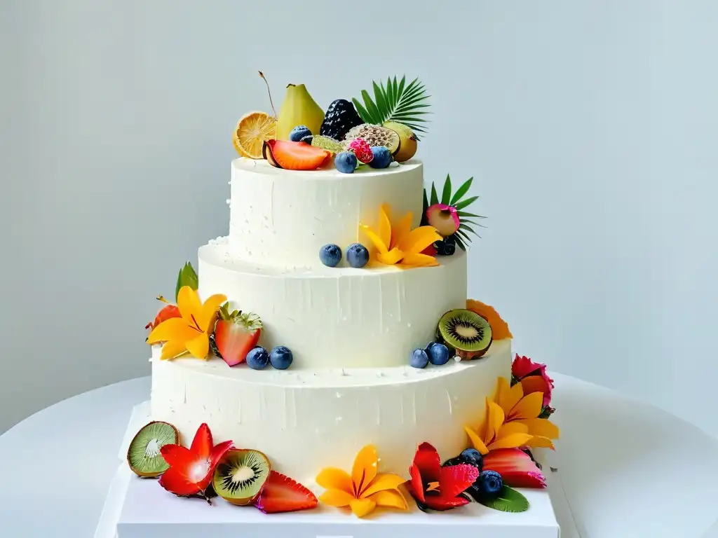 Un pastel de boda exquisito decorado con flores tropicales y frutas exóticas, fusionando tradiciones globales en postres de boda