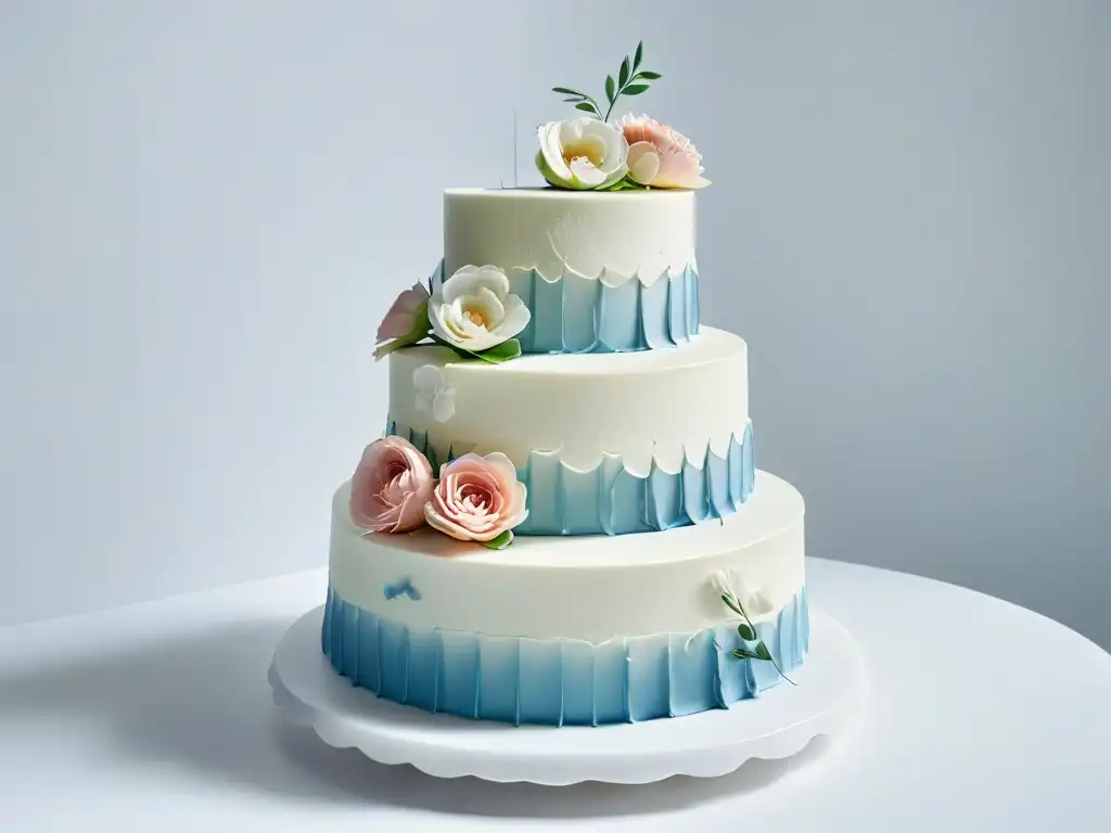 Un pastel de boda minimalista de tres niveles con fondant simétrico y una flor de azúcar, en un elegante fondo de mármol