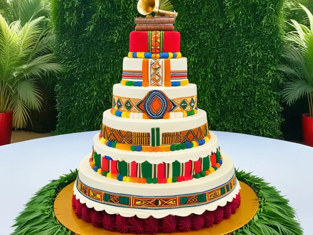 Pastel de boda de tres niveles con diseños africanos vibrantes y tradicionales