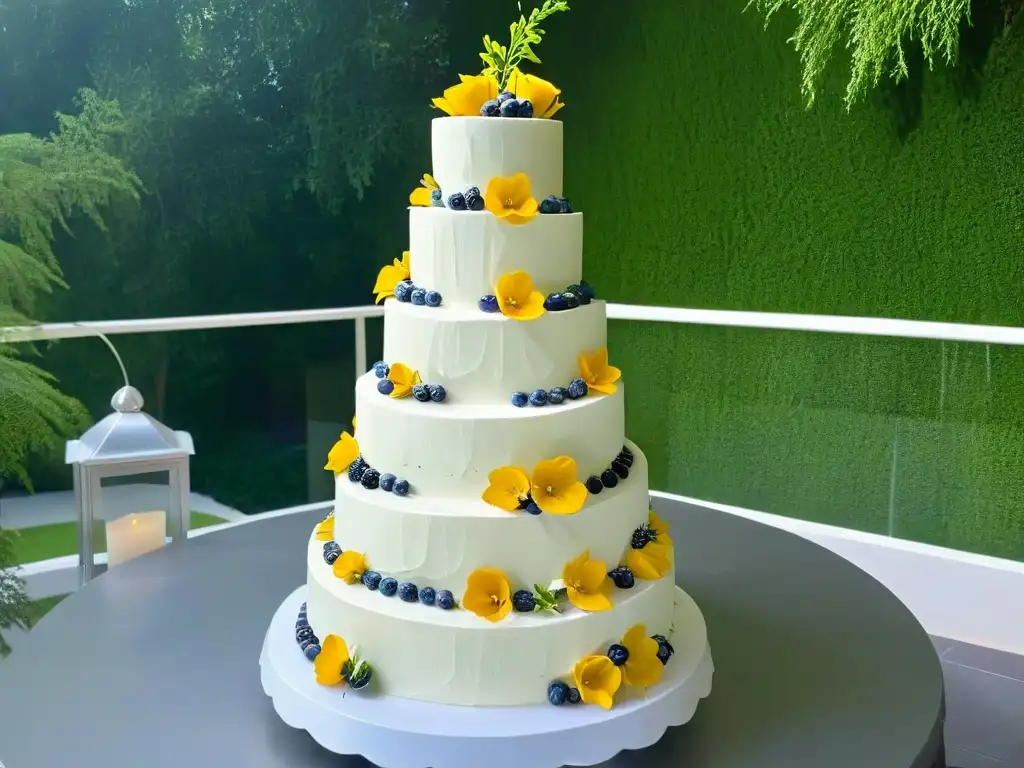 Un pastel de boda de tres pisos cubierto de fondant blanco, decorado con frutas frescas y flores comestibles, en un jardín romántico