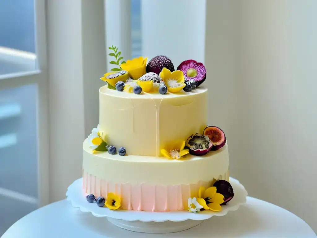 Un pastel de boda de tres pisos con rellenos originales: ganache de chocolate, curd de maracuyá y buttercream de lavanda