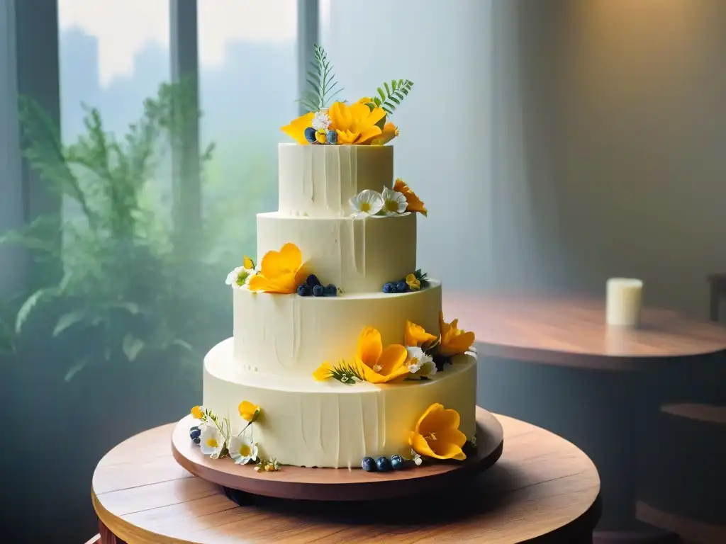 Un pastel de boda sostenible de tres pisos, adornado con flores comestibles y rodeado de vegetación, en un ambiente de elegancia natural