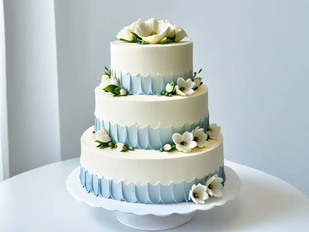 Pastel de bodas elegantemente decorado con flores de azúcar, destacando artesanía y diseño