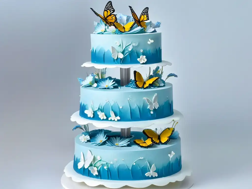 Un pastel de bodas detallado con Realidad Aumentada en repostería: mariposas brillantes y flores digitales en un diseño moderno y elegante