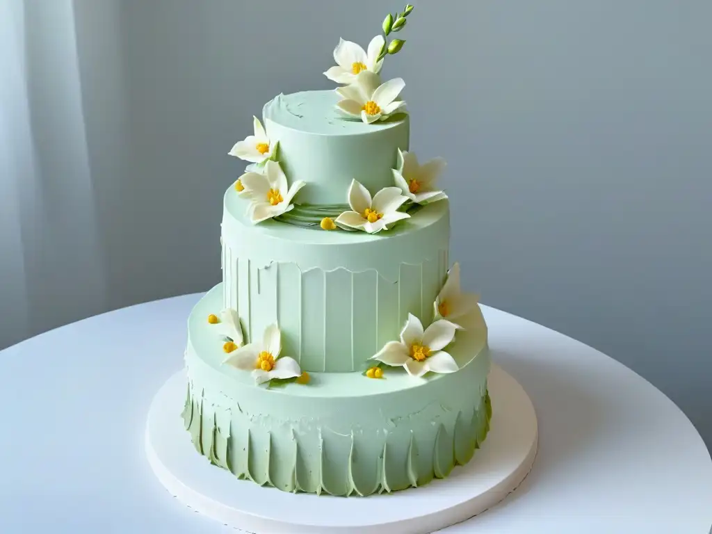 Un pastel de bodas de diseño intrincado creado con impresión 3D en tonos pastel y detalles florales