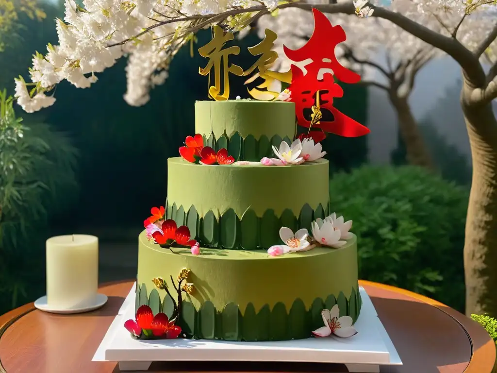 Un pastel de bodas japonés con diseño intrincado, adornado con cerezos y dragones dorados, en un jardín japonés