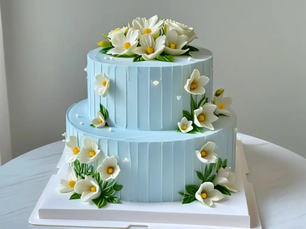 Un pastel de bodas de tres niveles perfectamente glaseado y decorado, con flores de azúcar y detalles de repostería