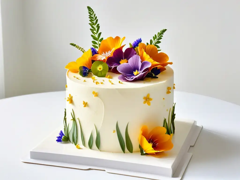 Un pastel de bodas orgánico beneficios, decorado con flores comestibles frescas y vibrantes, destacando su belleza natural y artesanía exquisita