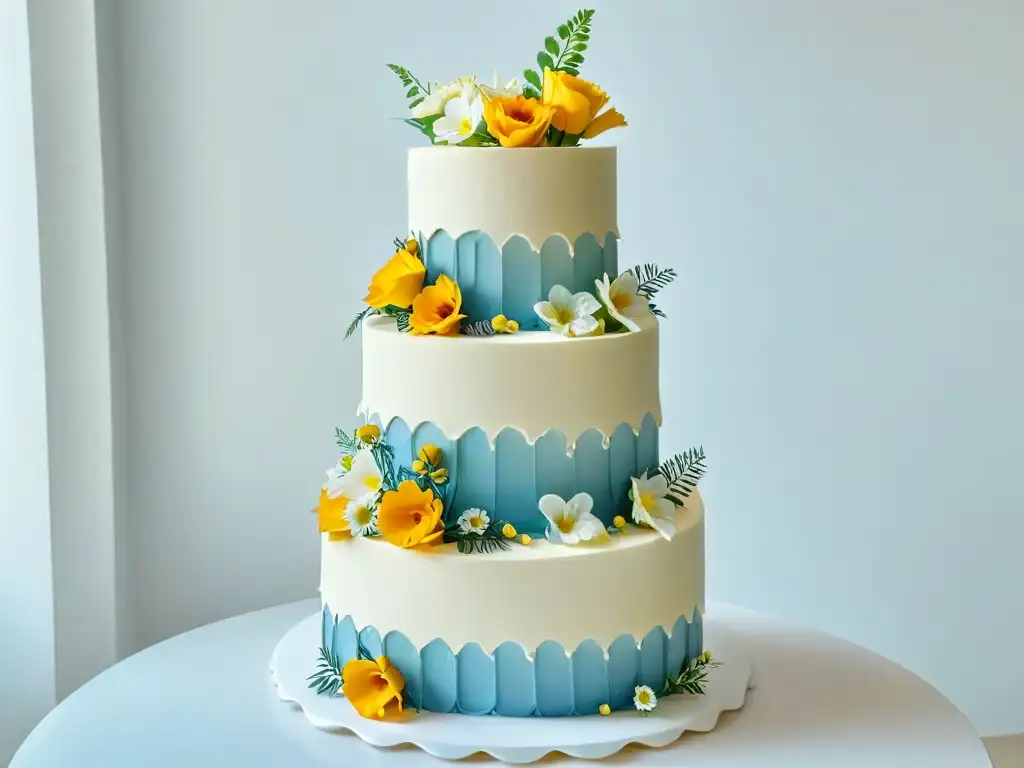 Pastel de bodas orgánico beneficios: Sofisticación natural en una elegante torta de tres niveles con flores frescas y vegetación