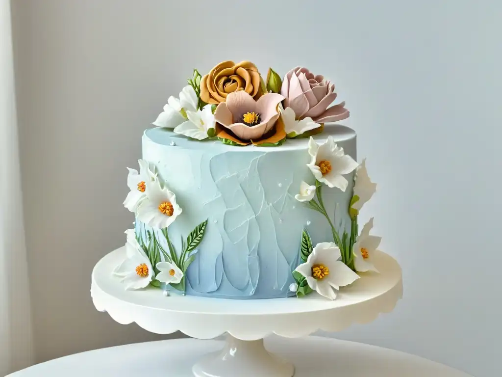 Pastel de bodas orgánico beneficios: Detalle ultradetallado de un pastel de tres niveles con flores de azúcar en tonos pasteles suaves