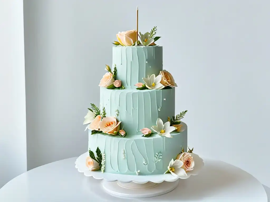 Pastel de bodas perfecto tendencias: un exquisito pastel de bodas de varios niveles con detalles de encaje en colores pastel y flores de azúcar