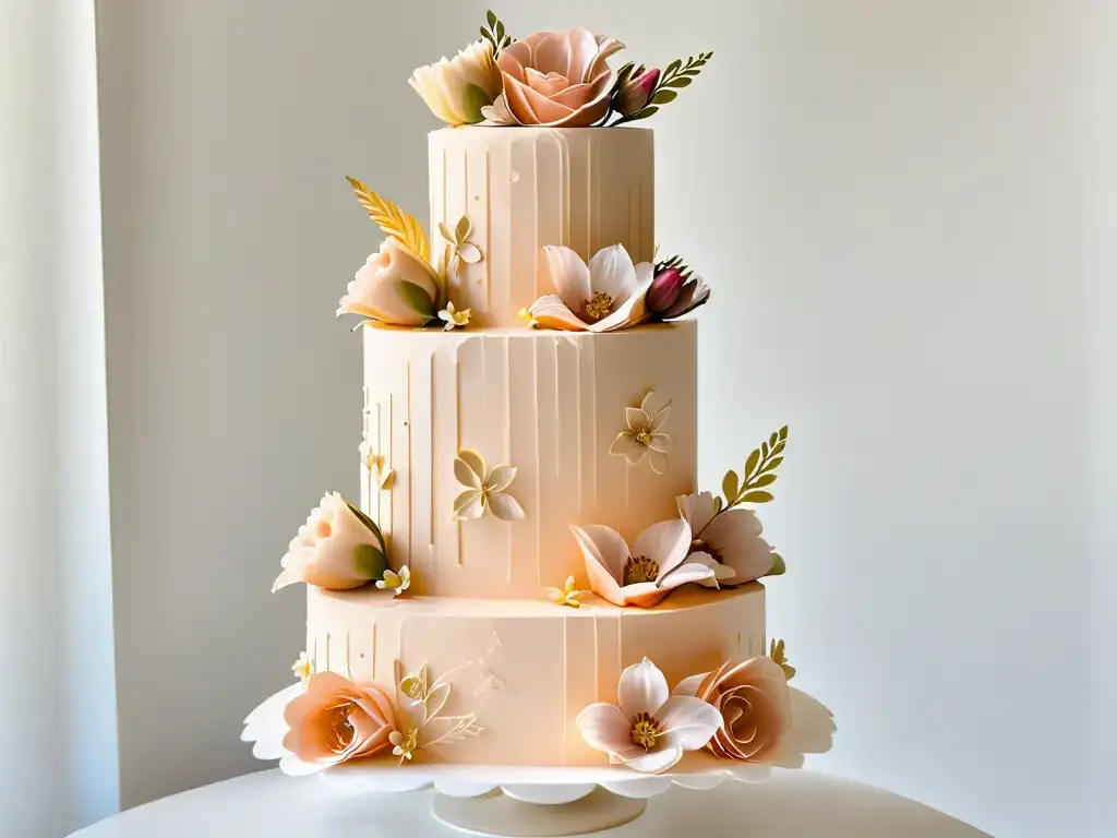 Un pastel de bodas perfecto tendencias: elegante diseño en tonos rosa y dorado con flores comestibles