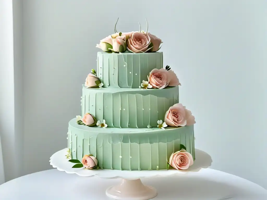 Pastel de bodas perfecto tendencias: Exquisito pastel de tres niveles con detalles de encaje y flores en tonos suaves sobre una base de mármol