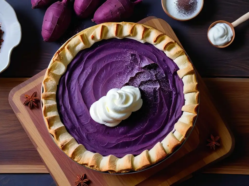 Un pastel de camote morado con crema batida y canela en una mesa rústica