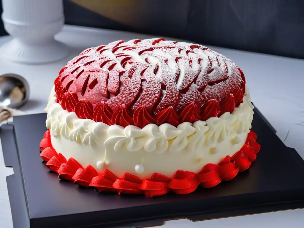 Un pastel de cerebro de terciopelo rojo, inspirado en el cine de terror, con decoración realista sobre un plato negro elegante