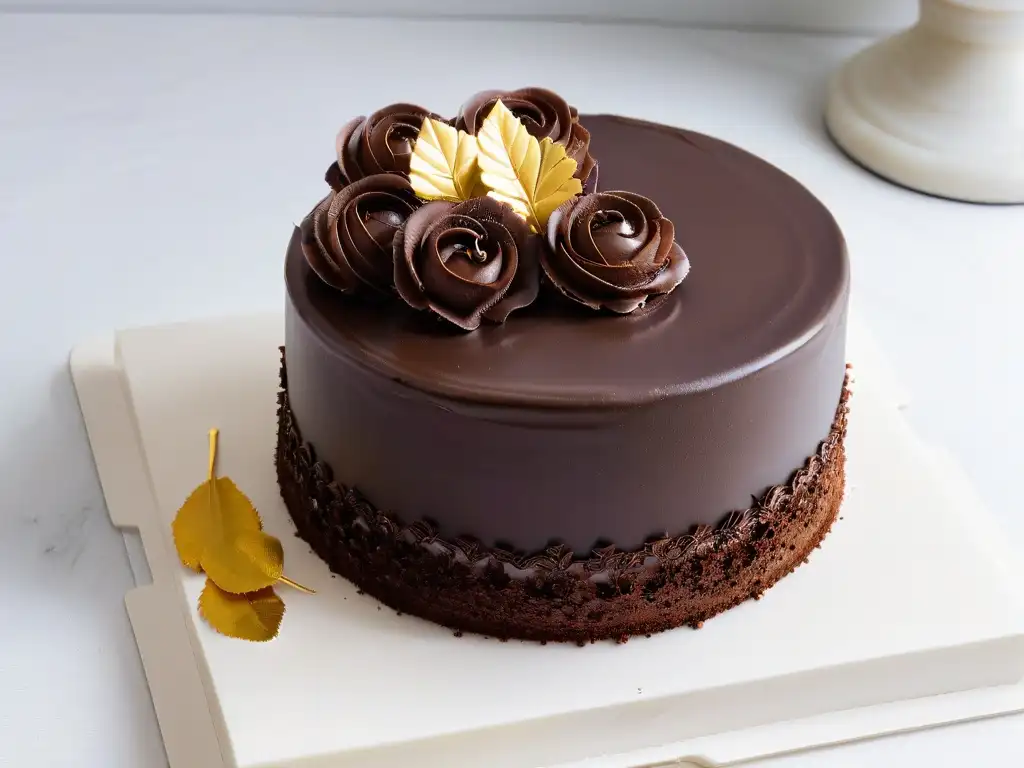 Un pastel de chocolate belga exquisito con detalles elaborados, adornado con hojas de oro, sobre un plato de mármol blanco