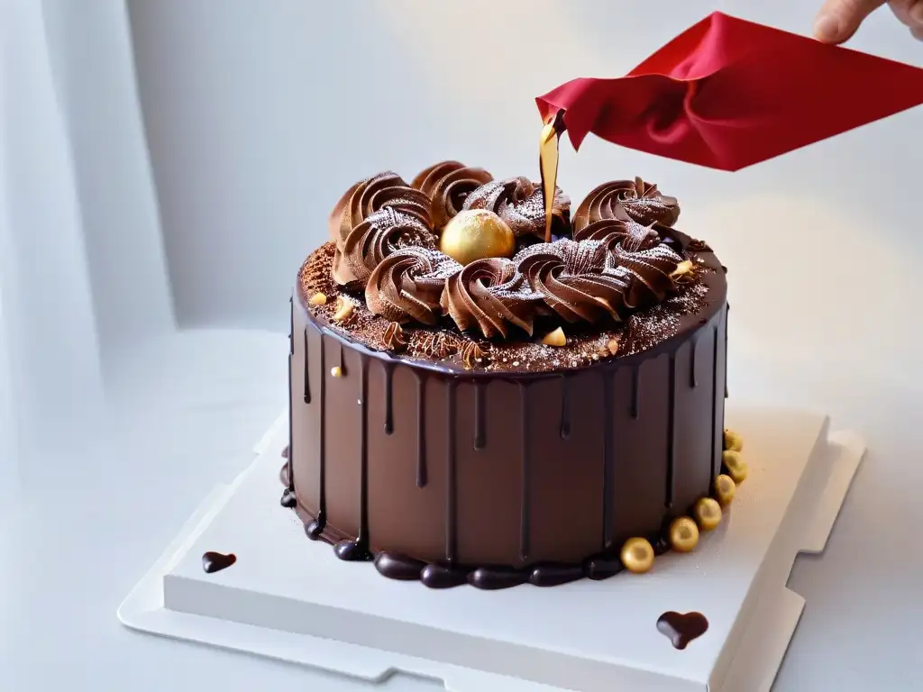 Un pastel de chocolate decadente con ganache brillante, remolinos de topping y detalles lujosos