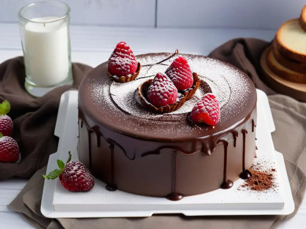 Un pastel de chocolate sin gluten decadente con ganache brillante y frambuesas frescas en un plato blanco moderno sobre fondo blanco