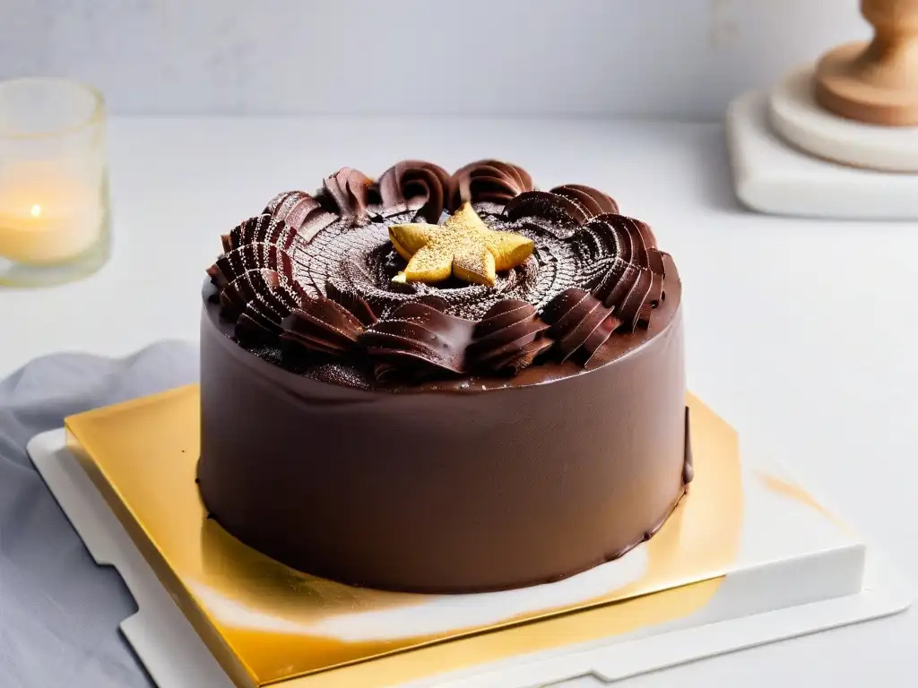 Un pastel de chocolate sin gluten delicioso, con ganache brillante y polvo de oro comestible, sobre una encimera de mármol blanco