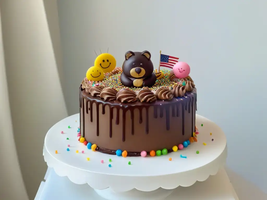 Un pastel de chocolate infantil con adornos divertidos y coloridos, perfecto para deleitar paladares jóvenes