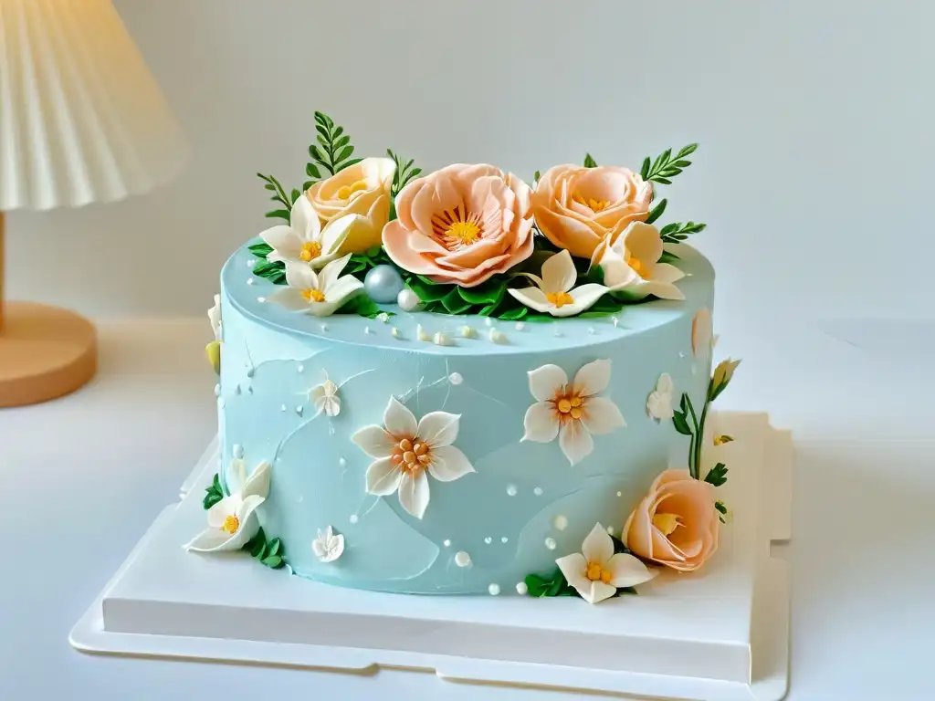 Exquisita tarta fondant decorada con perfección en tonos pastel Un pastel cubierto de fondant con decoraciones intrincadas en tonos pastel, resaltando técnicas avanzadas de decoración de tortas fondant