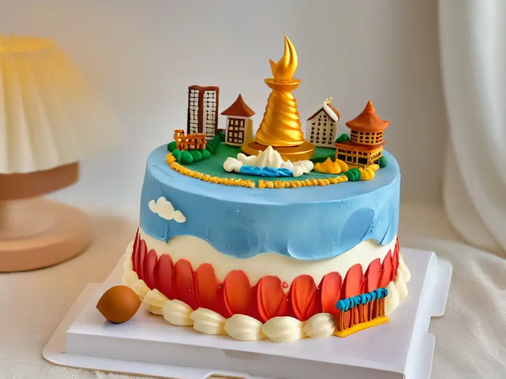 Pastel fusionando culturas con detalles globales en fondant, representando la repostería inclusiva que une tradiciones