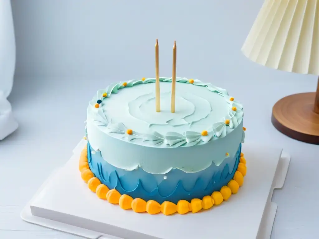 Un pastel de cumpleaños decorado con frosting vibrante y fondant, sobre un elegante soporte moderno y fondo blanco